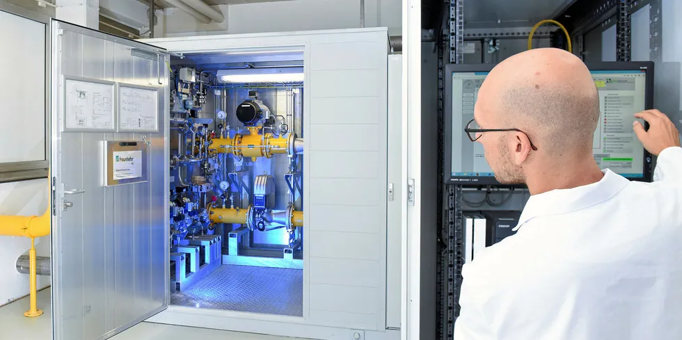 Most already operating hydrogen projects are in Germany, like this Fraunhofer ISE pilot plant to feed hydrogen into the gas grid