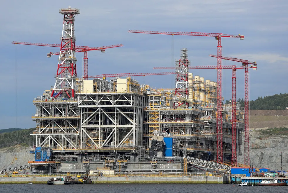 Arctic LNG 2: the first train of the giant export project during assembly work in a dry dock near Murmansk in July 2022.