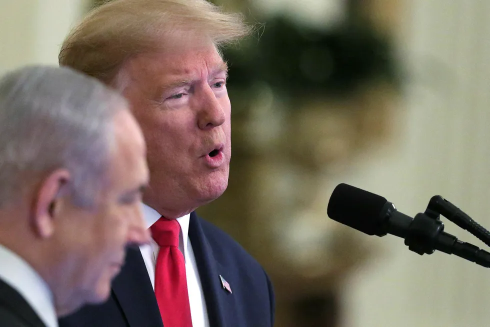 Peace parley: US President Donald Trump (right) and Israeli Prime Minister Benjamin Netanyahu unveil details of a long-awaited peace plan for the Israeli-Palestinian conflict