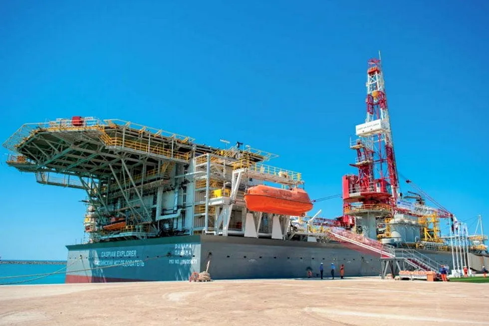 Back home: Drilling barge Caspian Explorer, owned by UK-listed Caspian Sunrise, in the Kazakh port of Aktau on the Caspian Sea.