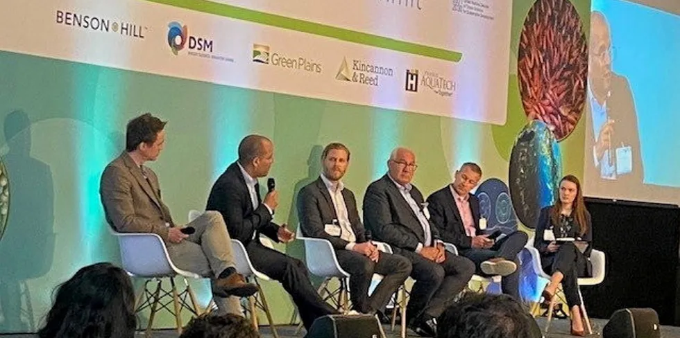 Nutreco Director of Venturing Erik Tveteraas, Innovafeed CBO Nizar El Alami, Calysta Vice President, Aquaculture Lead Allan LeBlanc, Nofima CEO Oyvind Fylling-Jensen and Houdek CEO Mark Luecke discussed feed during Blue Innovation Summit in London.