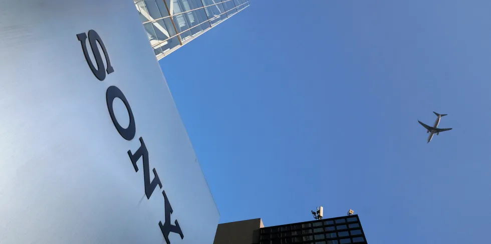 Sony logo displayed at an entrance of the company's headquarters in Tokyo, Japan