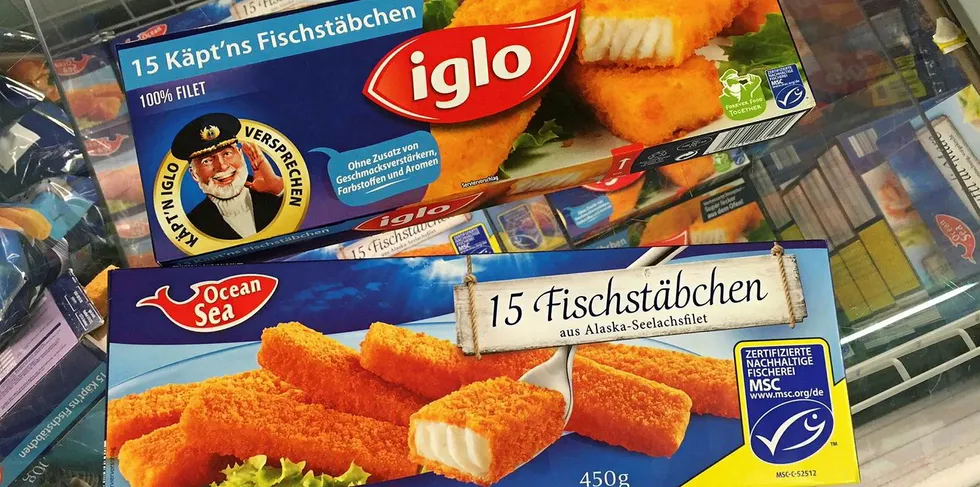 Iglo frozen fish fingers alongside a Lidl private label brand. Both are made with Alaska pollock.