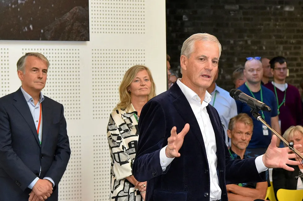 Norway's Prime Minister Jonas Gahr Store speaks to employees of the Norwegian Offshore Directorate