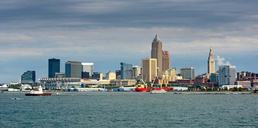 The Cleveland skyline is seen from a cruise ship on Lake Erie.