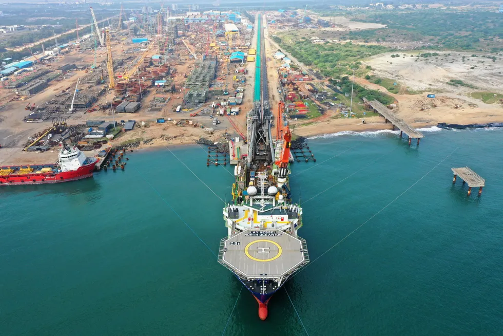 Deep-water boost: a McDermott pipelay vessel at work near ONGC’s flagship east coast asset.