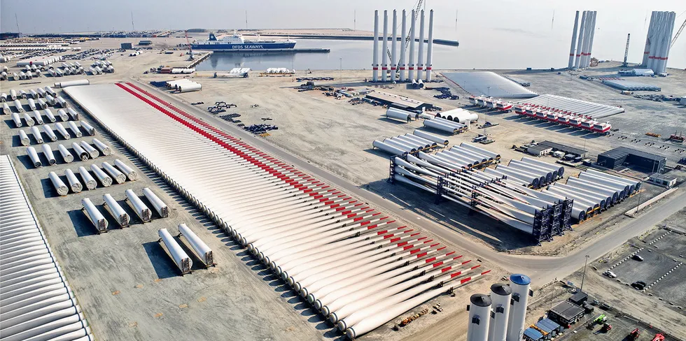Wind turbine blades racked up in the Port of Esberg, in Denmark