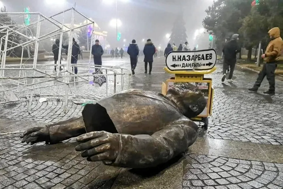 Public anger: A toppled statute of former Kazakhstan President Nursultan Nazarbayev in the city of Taldykorgan