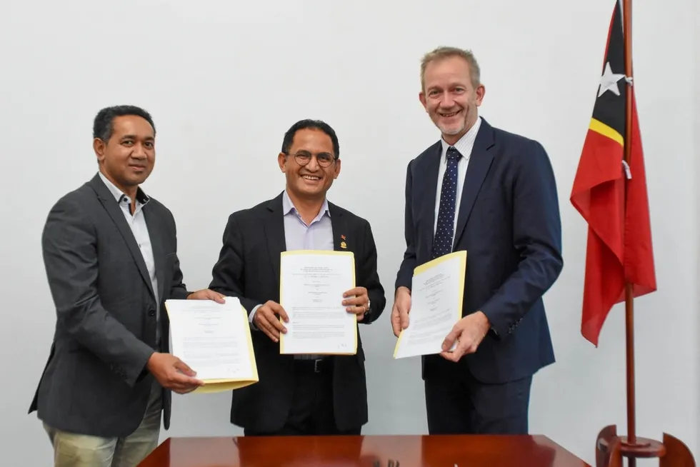 Sunda Energy chief executive Andy Butler (right) with Timor Gap chief executive Rui Soares (far left) and Minister for Petroleum and Minerals Francisco Monteiro