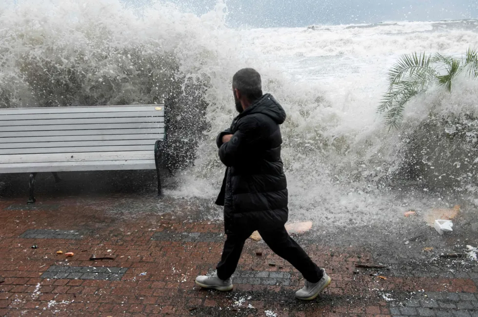 Power: Waves crash against a Russian seafront in the Black Sea earlier this month.