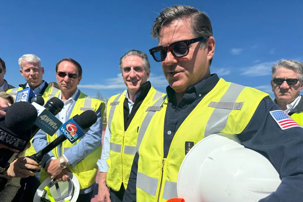Venture Global chief executive Michael Sabel speaks with media at the company's LNG export facility in Plaquemines, Louisiana, alongside Interior Secretary Doug Burgum, Louisiana Governor Jeff Landry and Energy Secretary Chris Wright on 6 March.