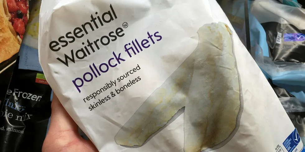 Waitrose frozen pollock fillets in bag.