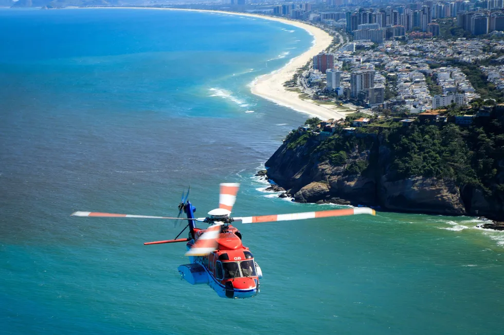 Sikorsky S-92A model helicopter from CHC Helicopter flying over Rio de Janeiro in Brazil.