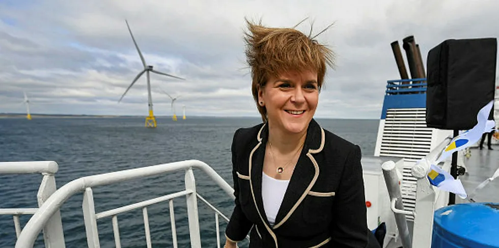 First Minister of Scotland, Nicola Sturgeon attends the opening of The European Offshore Wind Deployment Centre located in Aberdeen Bay in 2018.