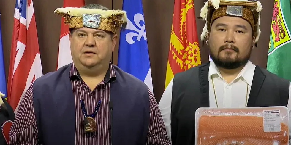 Chief Councilor Chris Roberts of the BC Wei Wai Kum First Nation (left) points out the increased cost of farmed salmon in Canada following Joyce Murray's decision to shutter 15 netpen farms in British Columbia's Discovery Islands.