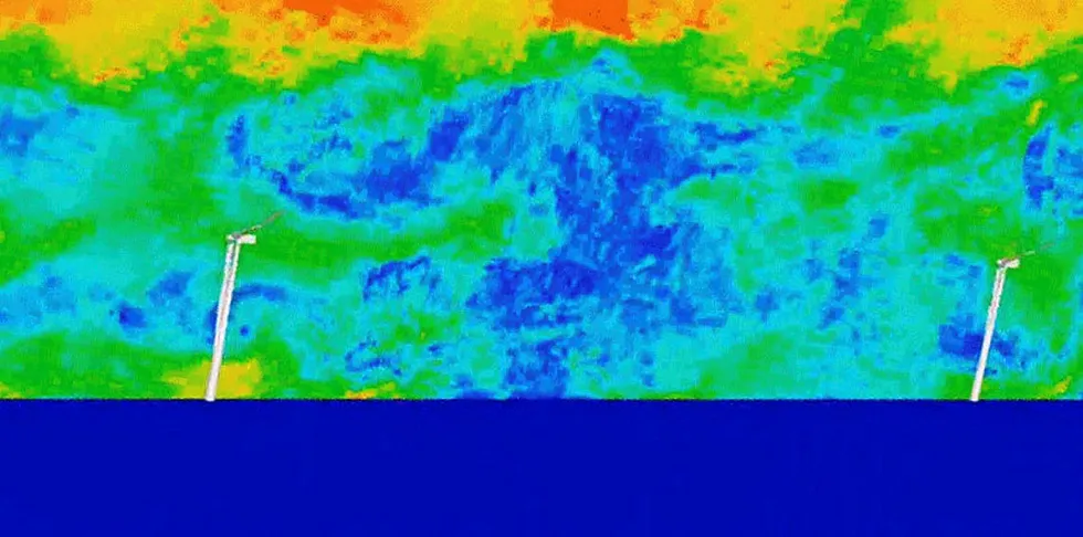 Supercomputer simulation showing instantaneous wind speed in a cross-section of wind turbines