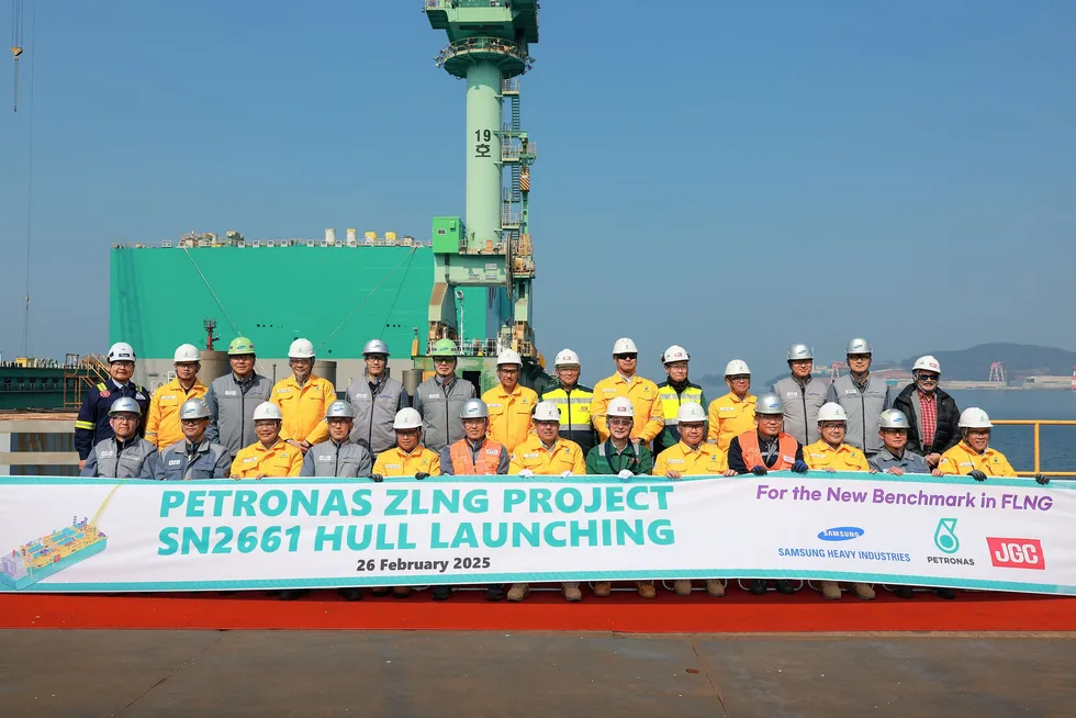 Petronas' PFLNG Tiga hull launching at Samsung Heavy Industries yard on Geoje Island, South Korea.