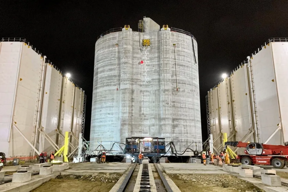 Load-out: the first of the GTA caissons being loaded out in Dakar, Senegal