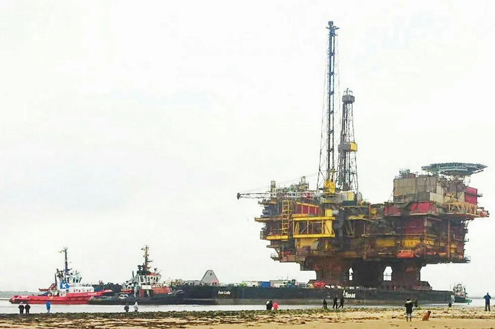 Shell's Brent Delta topsides arriving at Able UK's facility in north-east England for decommissioning