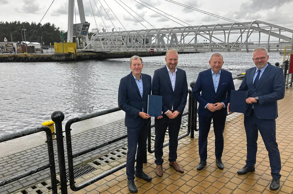 Jorg Asmussen, O&M Package Manager, RWE Lukas Prietz, Project Director of the F.E.W. Baltic II offshore wind farm at RWE Jacek Maniszewski, Mayor of Ustka City Maciej Karaś, President of the Ustka Seaport Authority.