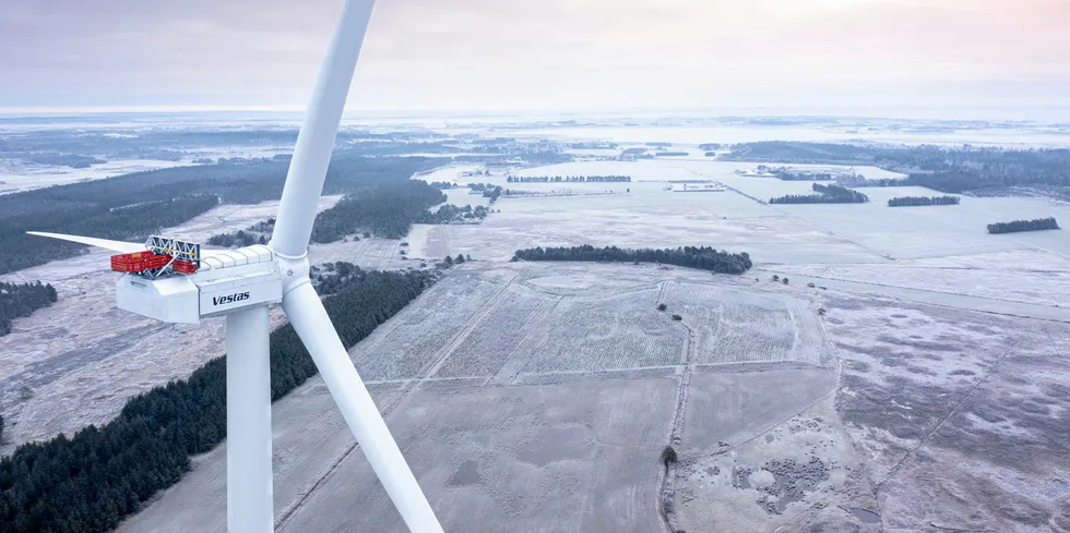 An early Vestas V236-15MW wind turbine at the Osterild Wind Turbine Test Center in Northern Jutland, Denmark