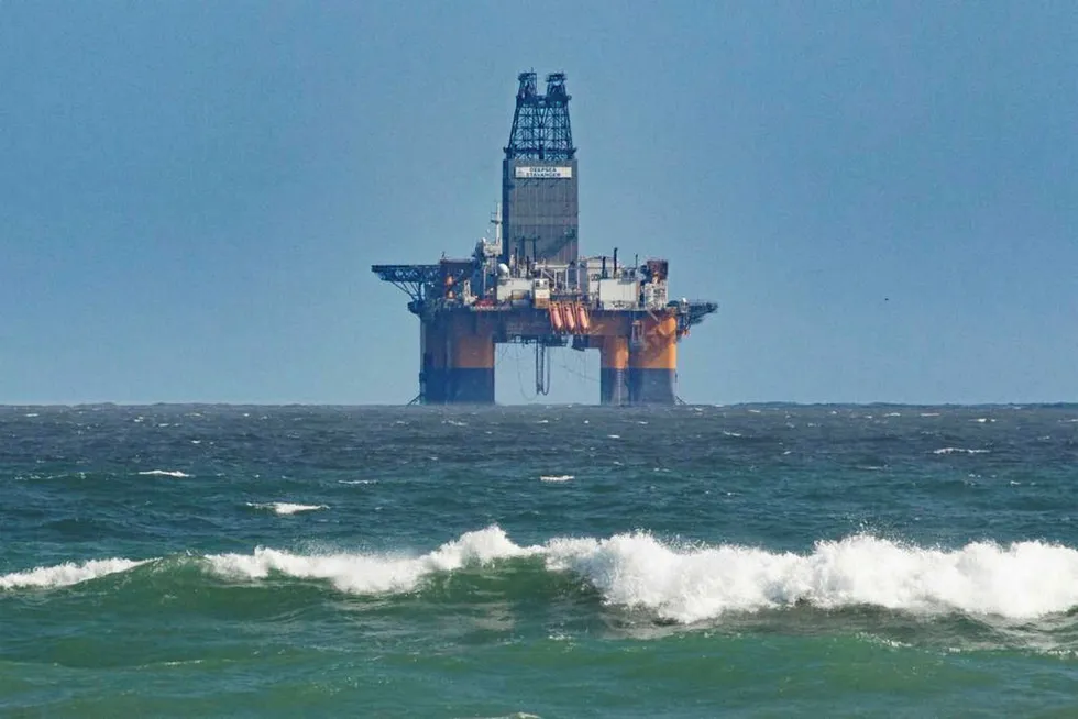 Ready to move: Odfjell's Deepsea Stavanger semi-submersible is holding position off Robben Island, near Cape Town, South Africa
