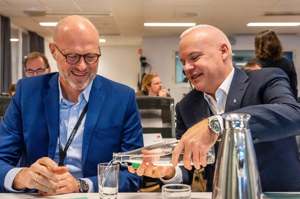 Equinor chief financial officer Torgrim Reitan (left) and chief executive Anders Opedal
