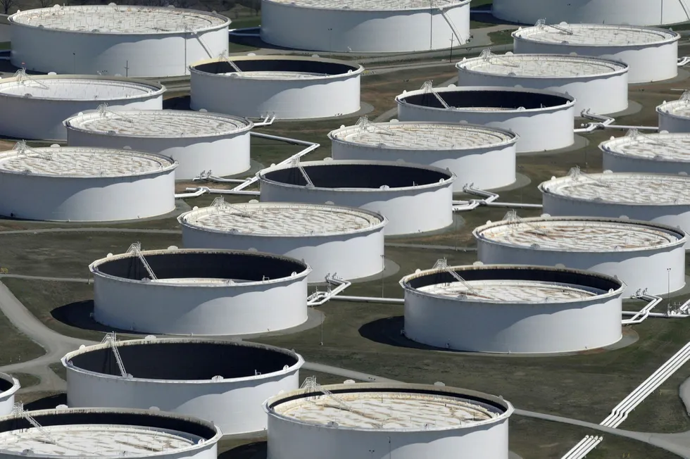 Cushing, Oklahoma: Crude oil storage tanks are seen from above at the Cushing oil hub