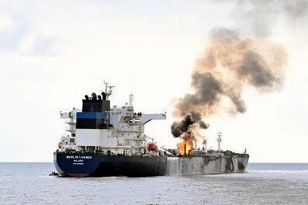 Fire onboard the Malin Luanda after a Houthi missile strike.