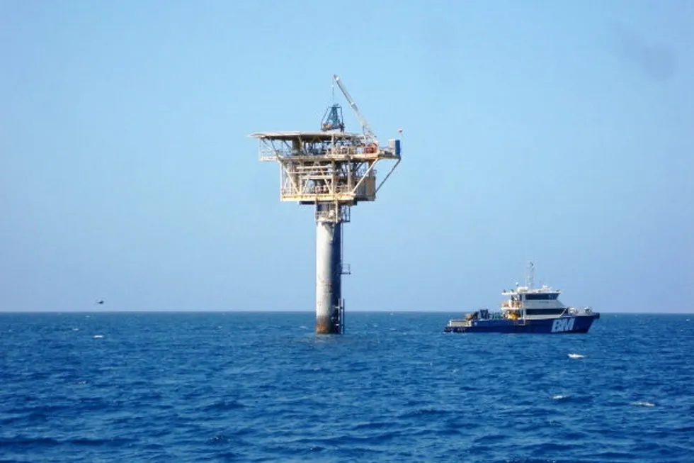 The Sinbad monopod platform offshore Australia prior to decommissioning.