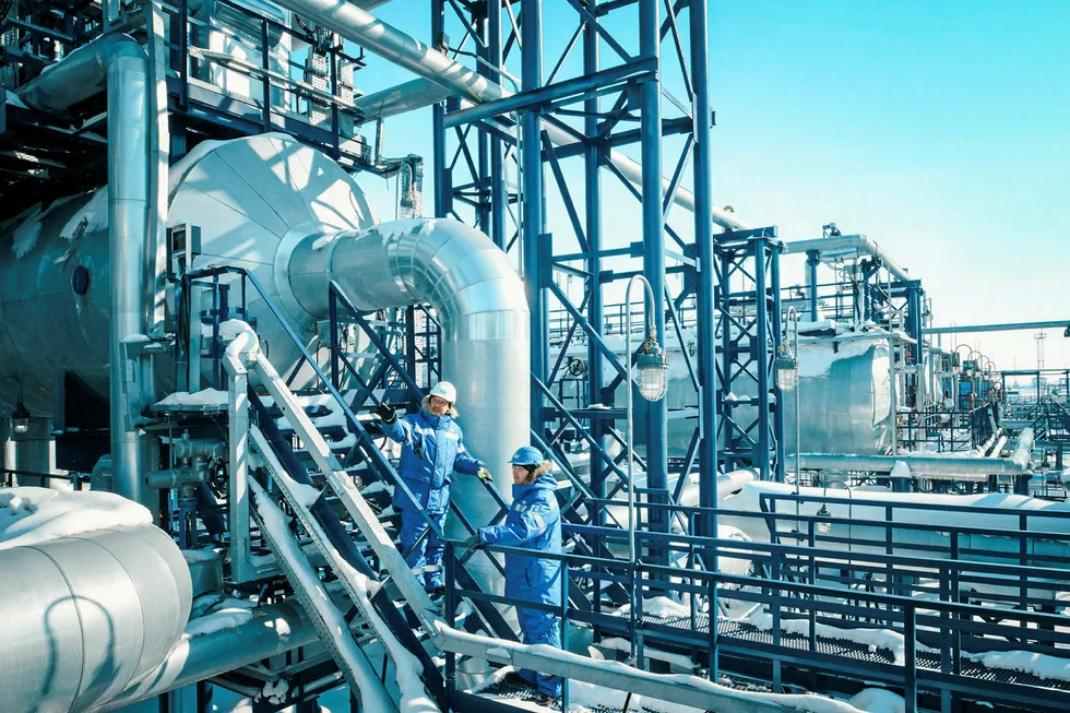 Cleared to enter: Central oil gathering and processing facility at the Novy Port oilfield on the Yamal Peninsula in Russia that is operated by Gazprom Neft