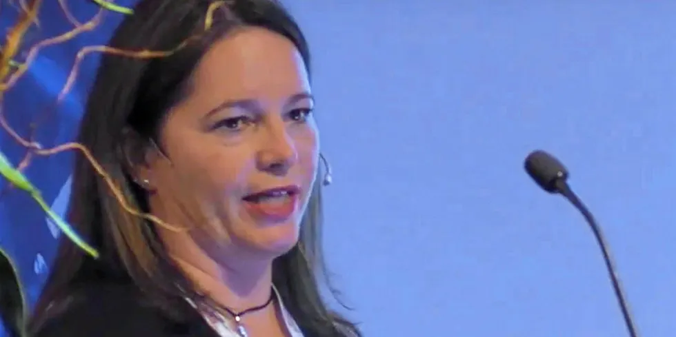 . Torunn Knoph Halhjem speaks to attendees at the Women in Seafood summit in Bergen, Norway.