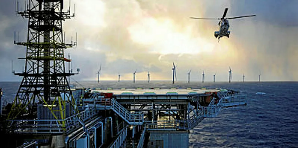 Illustration of future Hywind floating wind array powering offshore oil and gas operations