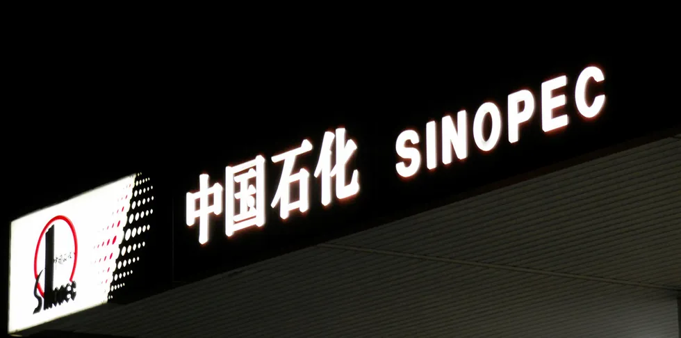 Photo taken on the evening of March 28, 2021 shows a Sinopec gas station in Nanjing, east China's Jiangsu Province.
