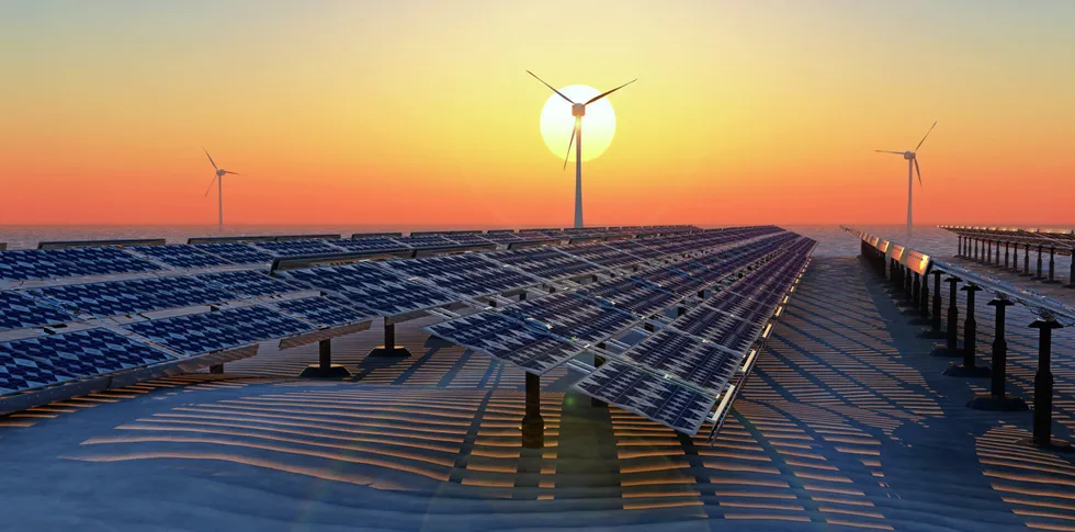 A illustration of solar panels and wind turbines in the desert.
