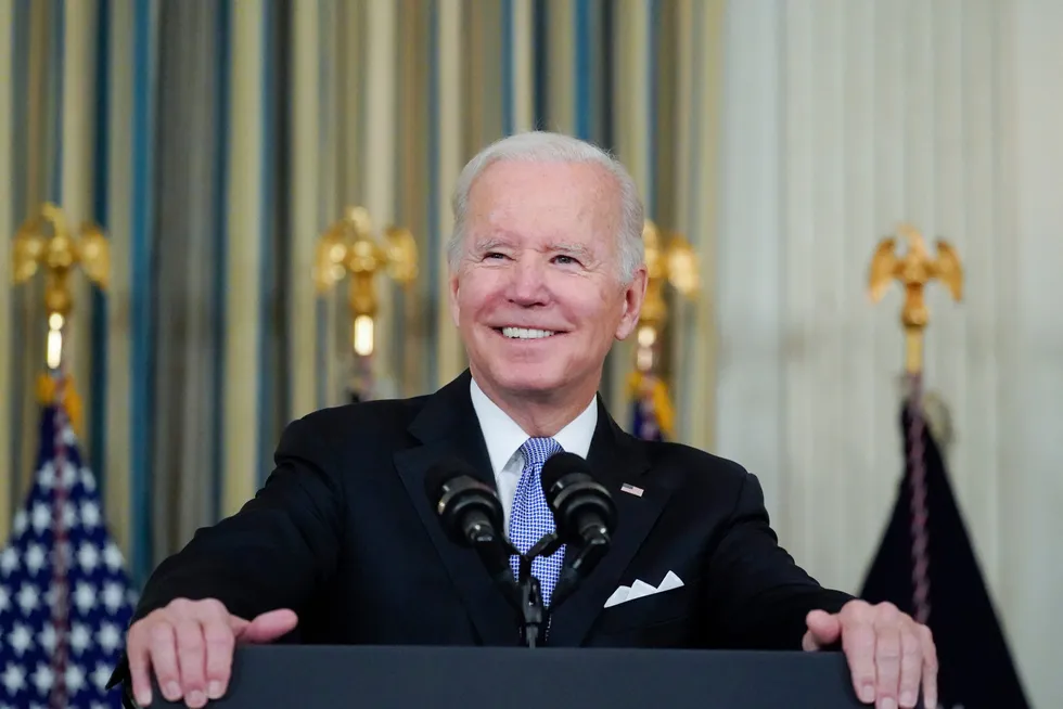 Celebrations: US President Joe Biden spoke after the $1 trillion bipartisan infrastructure bill was passed