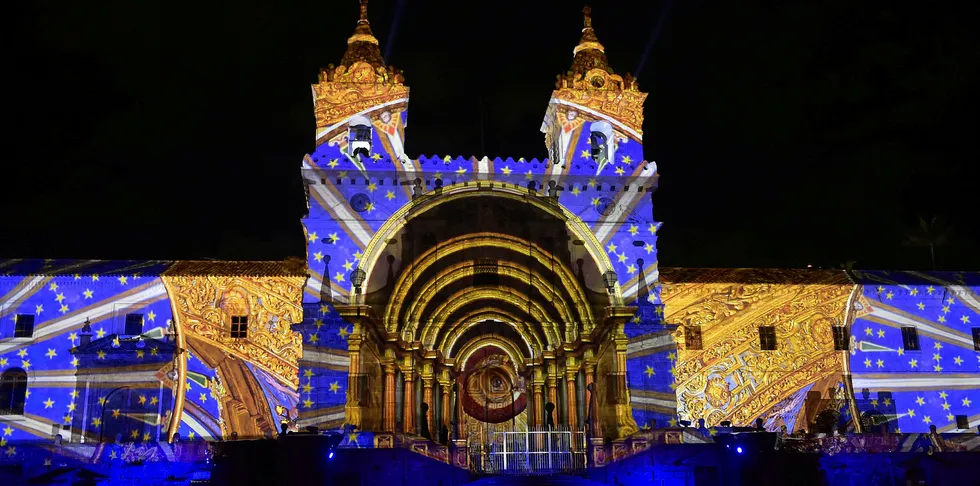 French artist Laurent Langlois' work Heritage illuminating the San Francisco church in Quito, Ecuador