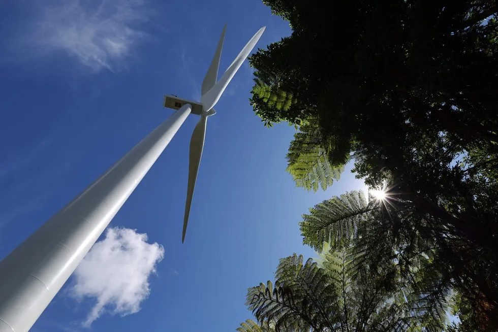 A TotalEnergies' wind turbine at the La Perriere wind farm in Sainte-Suzanne on the French overseas island of la Reunion, on January 22, 2025
