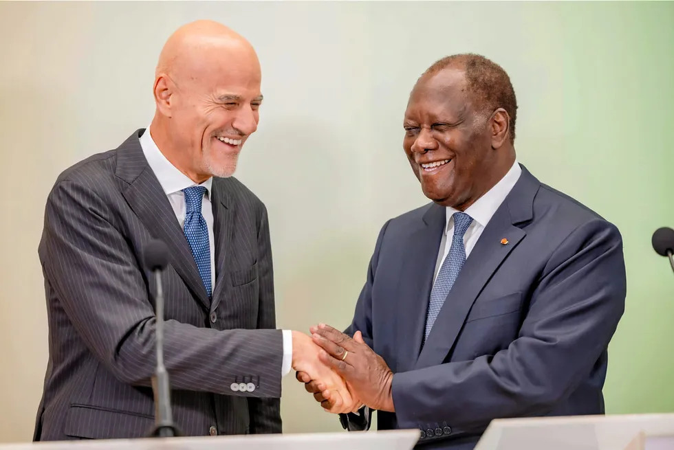 Eni chief executive Claudio Descalzi (left) met Ivory Coast President Alassane Ouattara in March 2024