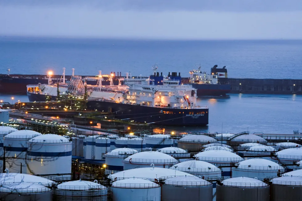 Still buying: the Nikolay Urvantsev LNG carrier carrying Russian liquefied natural gas docks at Bilbao port in Spain on 10 March