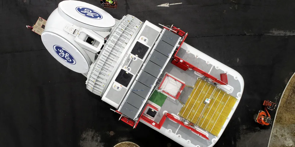 A Haliade-X nacelle rolls out of GE Renewable Energy's Saint-Nazaire factory.