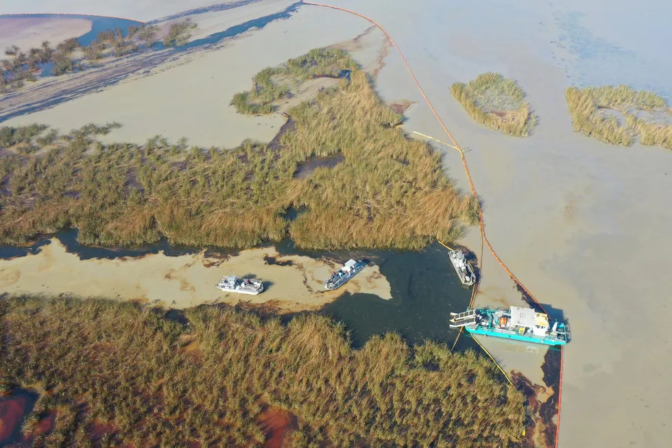 An aerial photo shows the marsh area affected by an oil and gas spill near Garden Island Bay, Louisiana on Monday, 28 April 2025.