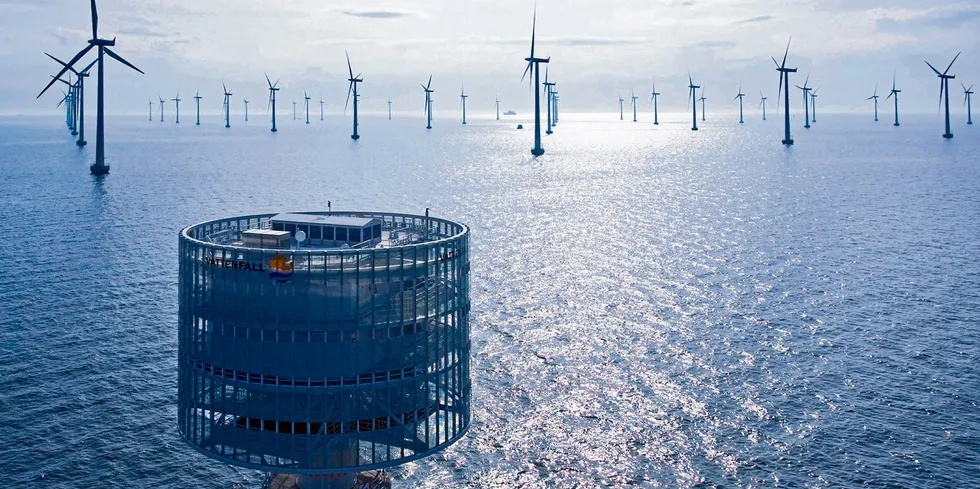 Offshore transformer station looks out over the Lillgrund wind farm off Sweden in the Baltic Sea
