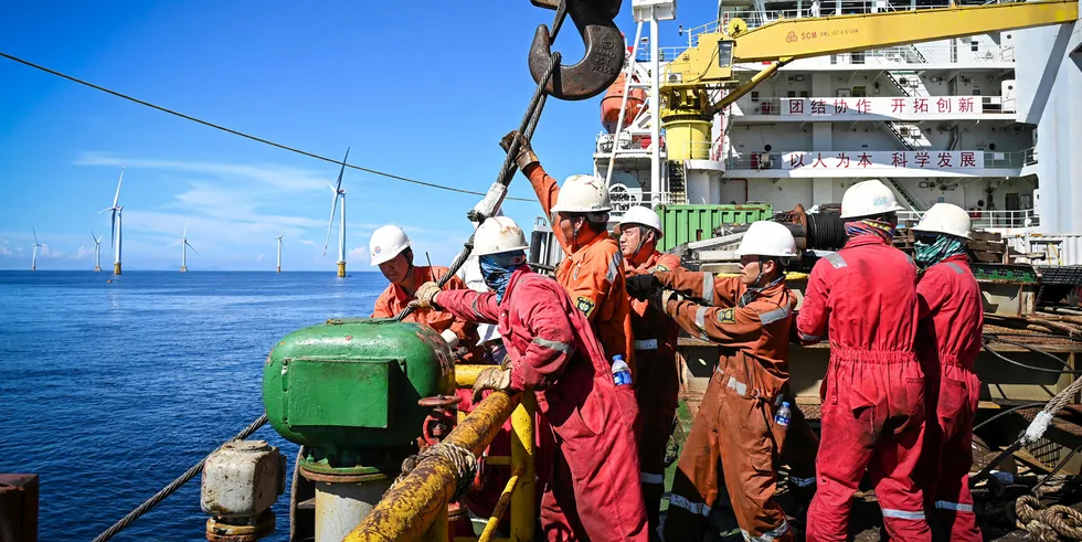 Aerial view of the construction site of an offshore wind farm in China.