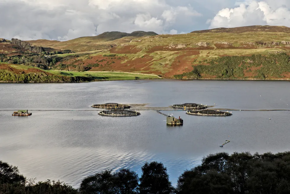 A salmon farm on Loch Harport, Portnalong, on Scotland's Isle of Skye.