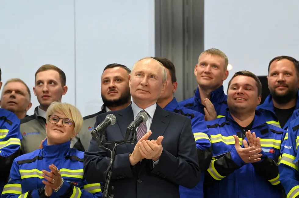 Russian President Vladimir Putin pictured at the launch of the first liquefaction line for the Arctic LNG 2 project.