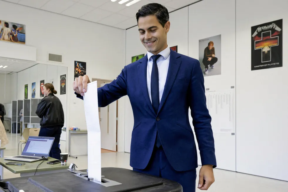 First Deputy Prime Minister of the Netherlands, Minister for Climate and Energy Policy and party leader Rob Jetten casts his vote for the European elections in a polling station, in Ubbergen.