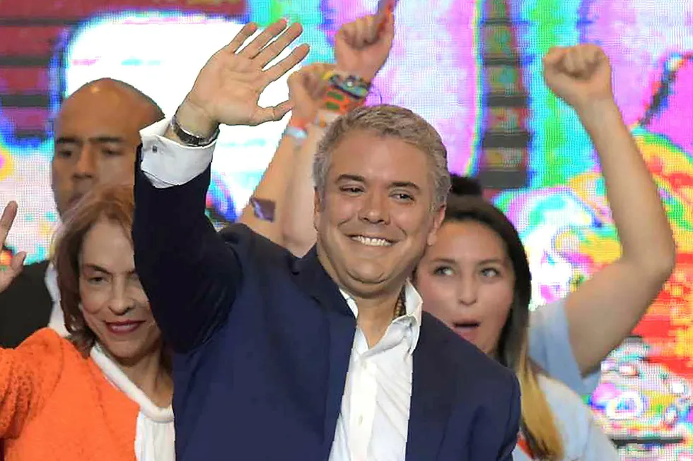 Colombia: president-elect Ivan Duque celebrates with supporters in Bogota, after winning the presidential runoff election on 17 June