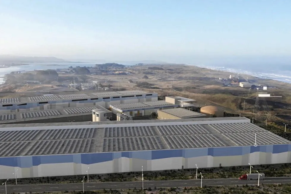 A rendering of Nordic Aquafarms' land-based farm on the Samoa Peninsula in Humboldt County, California, United States.
