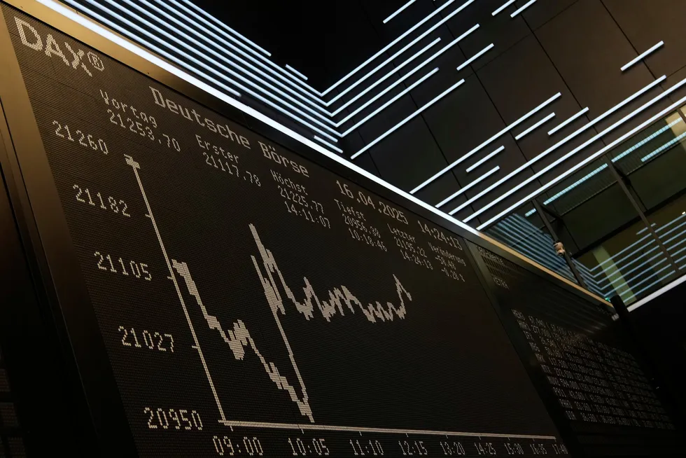 The German stock index, DAX, is pictured at the stock market in Frankfurt, Germany, on 16 April 2025.